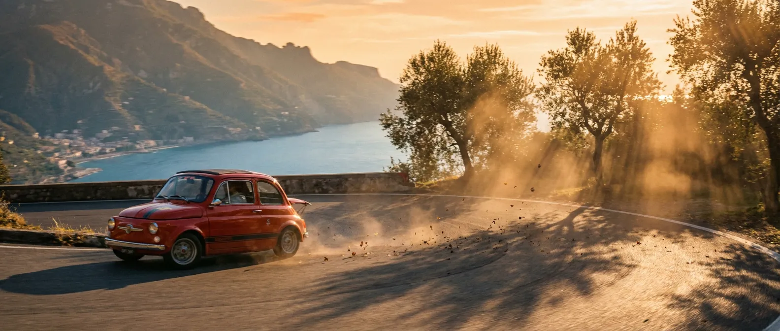 Mini Abarth : Petite sportive italienne sur une route panoramique Mini Abarth 595 rouge roulant sur une route côtière italienne au coucher du soleil