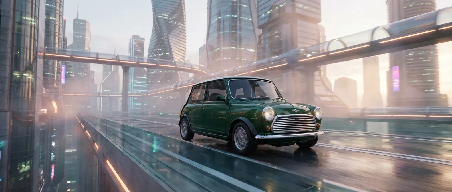 Mini Cooper avec moteur BMW : L'élégance et la puissance Une Mini Cooper moderne circulant dans un quartier urbain élégant au lever du soleil.