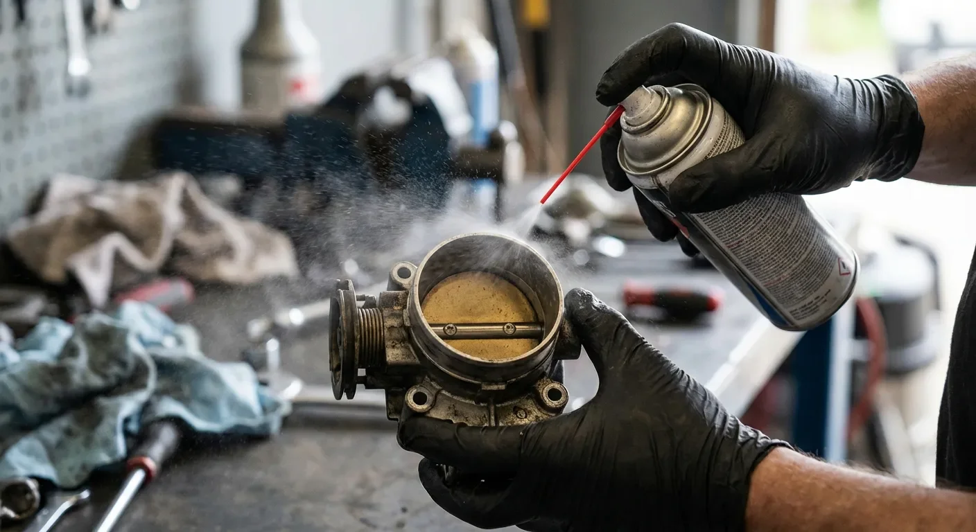 Mécanicien nettoyant avec précision un boîtier papillon encrassé