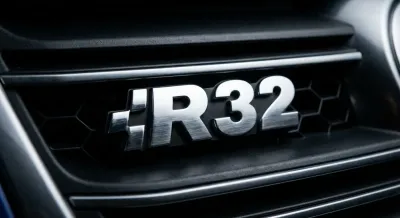 Gros plan du badge chromé R32 sur la calandre d'une Golf 5