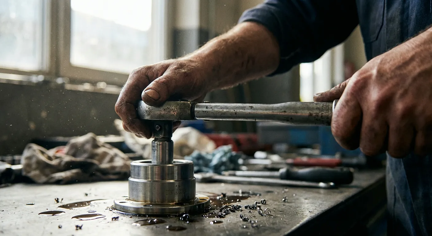Gros plan sur un mécanicien intervenant avec précision sur la mécanique d'un moteur Iveco.