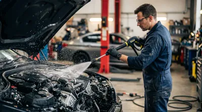 Détail macro du nettoyage d'une pièce mécanique de moteur