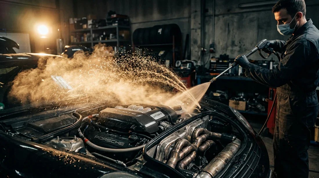 Nettoyage professionnel d'un moteur de voiture au jet haute pression