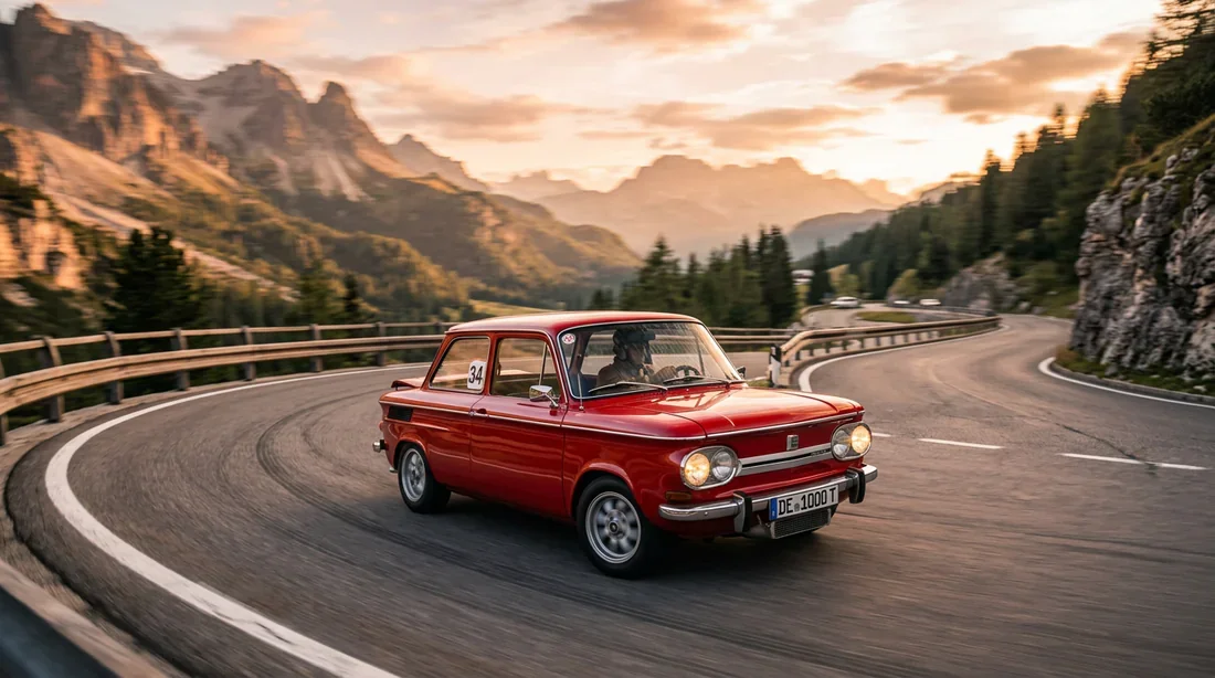 La NSU 1000 TTS circulant sur une route alpine au coucher du soleil