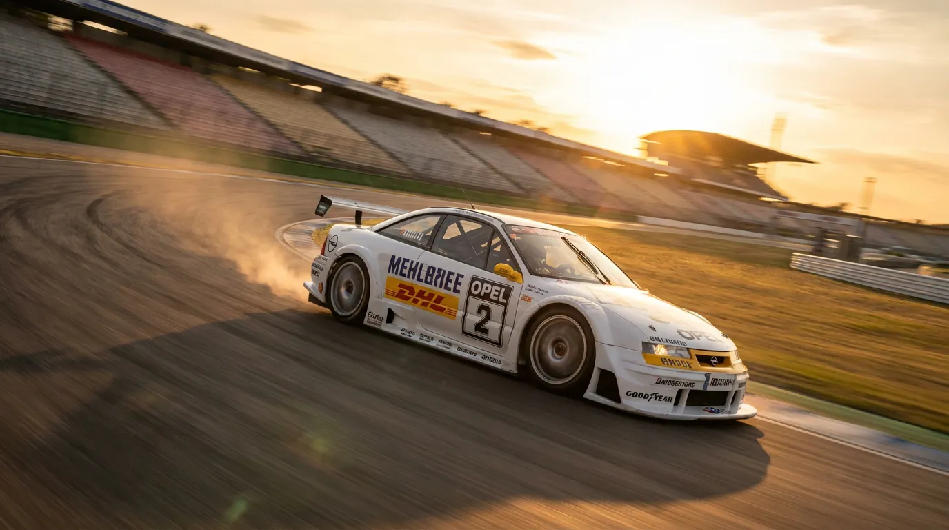 L'épopée légendaire de l'Opel Calibra DTM L'Opel Calibra DTM en pleine course sur circuit au coucher du soleil