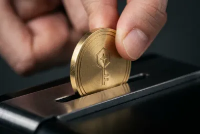 Gros plan minimaliste sur l'insertion d'un jeton Lavance dans une borne