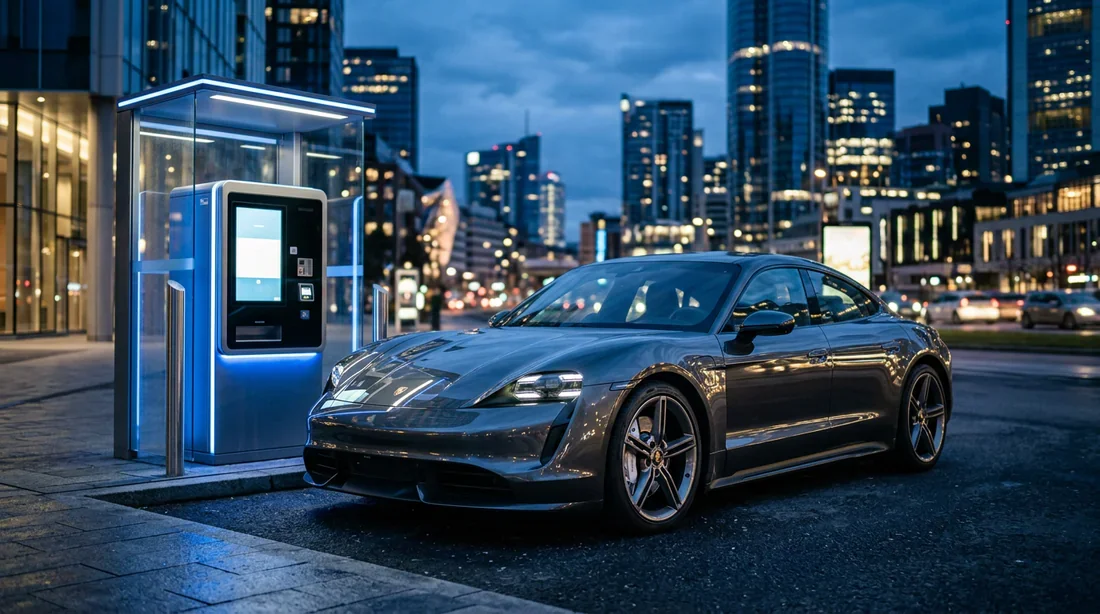 Voiture de luxe moderne garée devant une borne de paiement automatisée la nuit