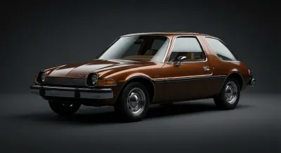 Gros plan emblématique et contrasté d'une AMC Pacer restaurée, mettant en valeur son design unique.