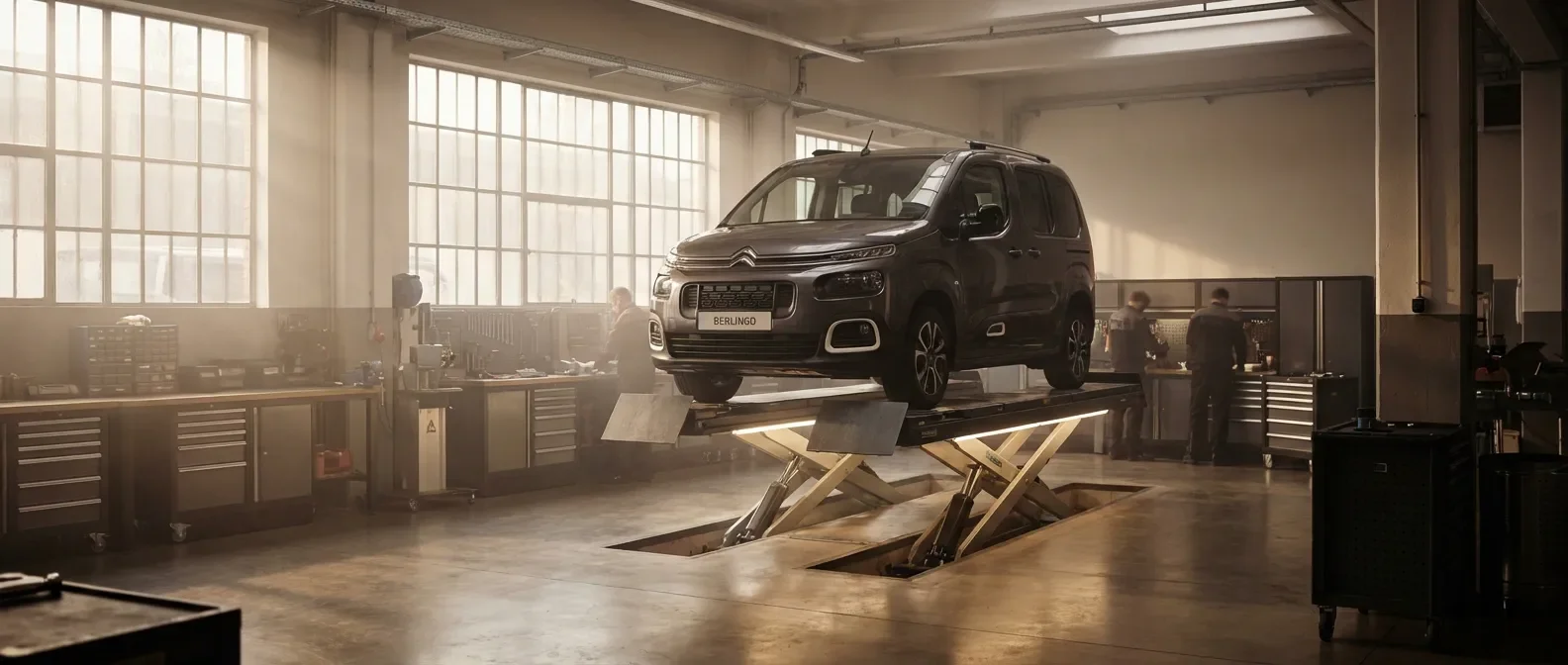 Vue cinématographique d'un Berlingo en maintenance dans un garage professionnel pour un problème de pédale d'embrayage