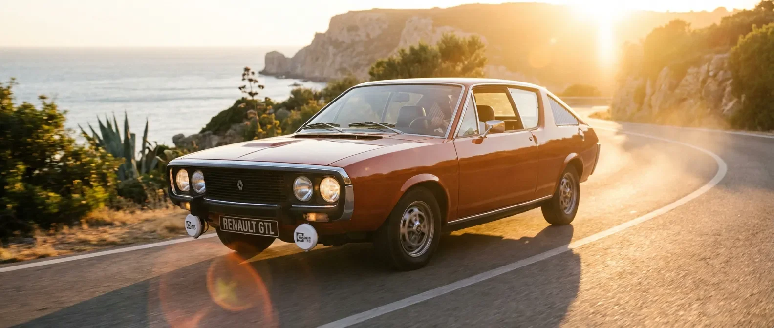 Une Renault 15 GTL orange classique des années 70 roulant sur une route côtière au coucher du soleil, ambiance cinématique.