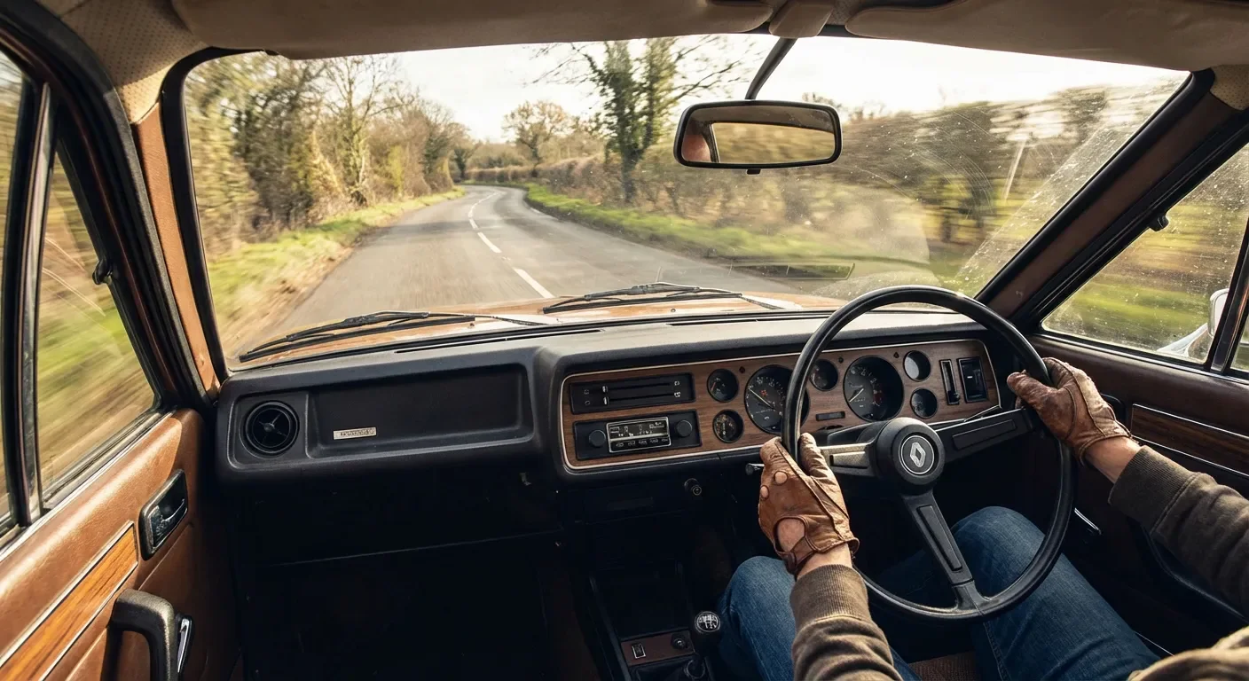Vue depuis l'habitacle d'une Renault 15 GTL, montrant les mains sur le volant et la route sinueuse à l'horizon.