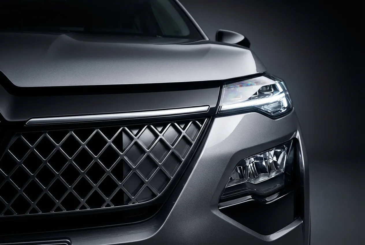 Gros plan emblématique de la calandre et du phare LED du Renault Kardian, mettant en valeur son design moderne et son contraste fort.