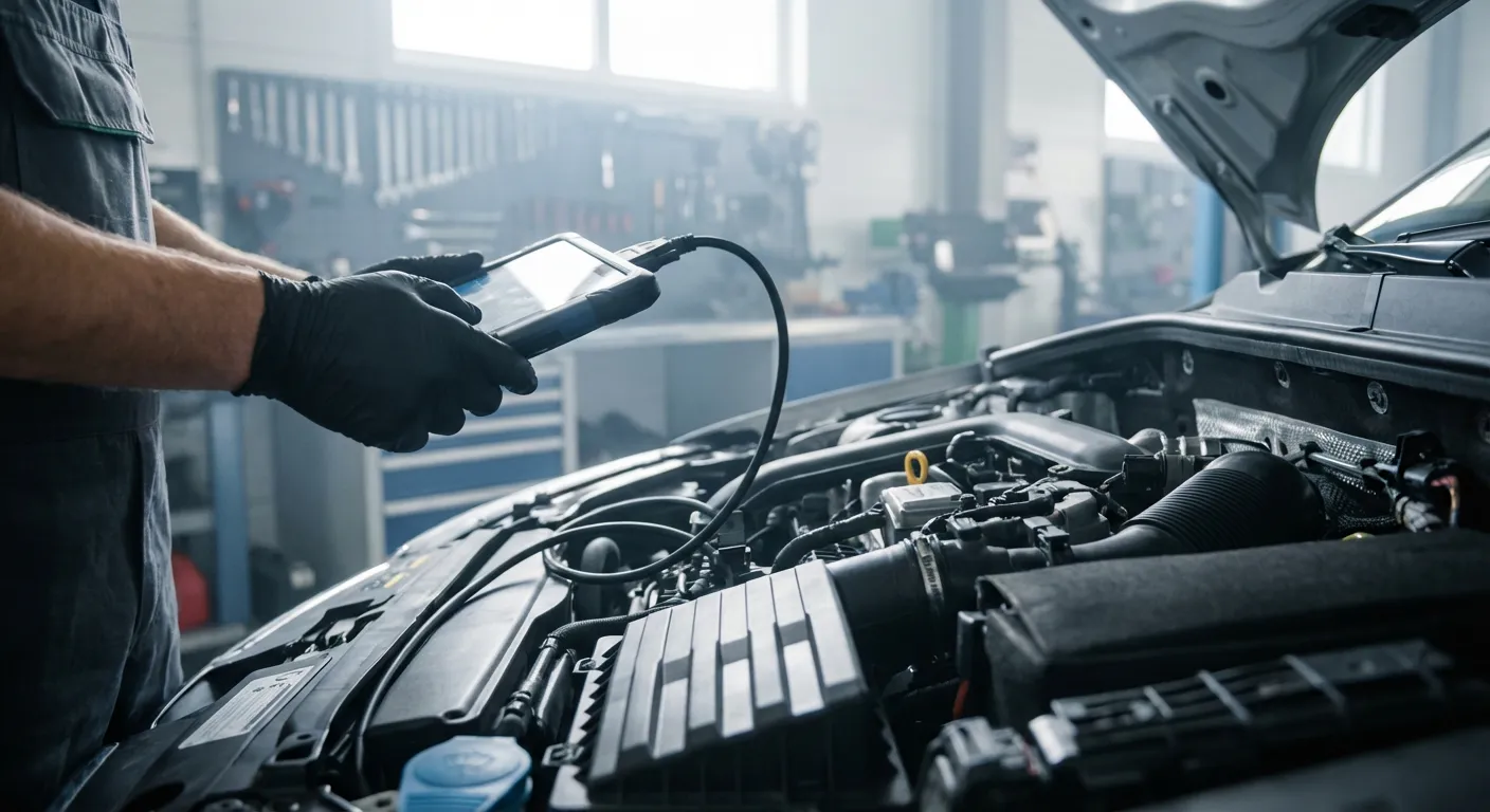 Gros plan technique du moteur d'une Skoda Fabia 3 lors d'un diagnostic de fiabilité