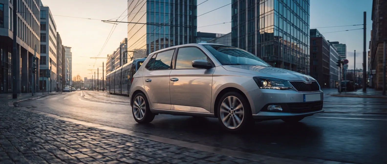 Skoda Fabia 3 circulant dans une ville moderne au lever du soleil, style éditorial magazine