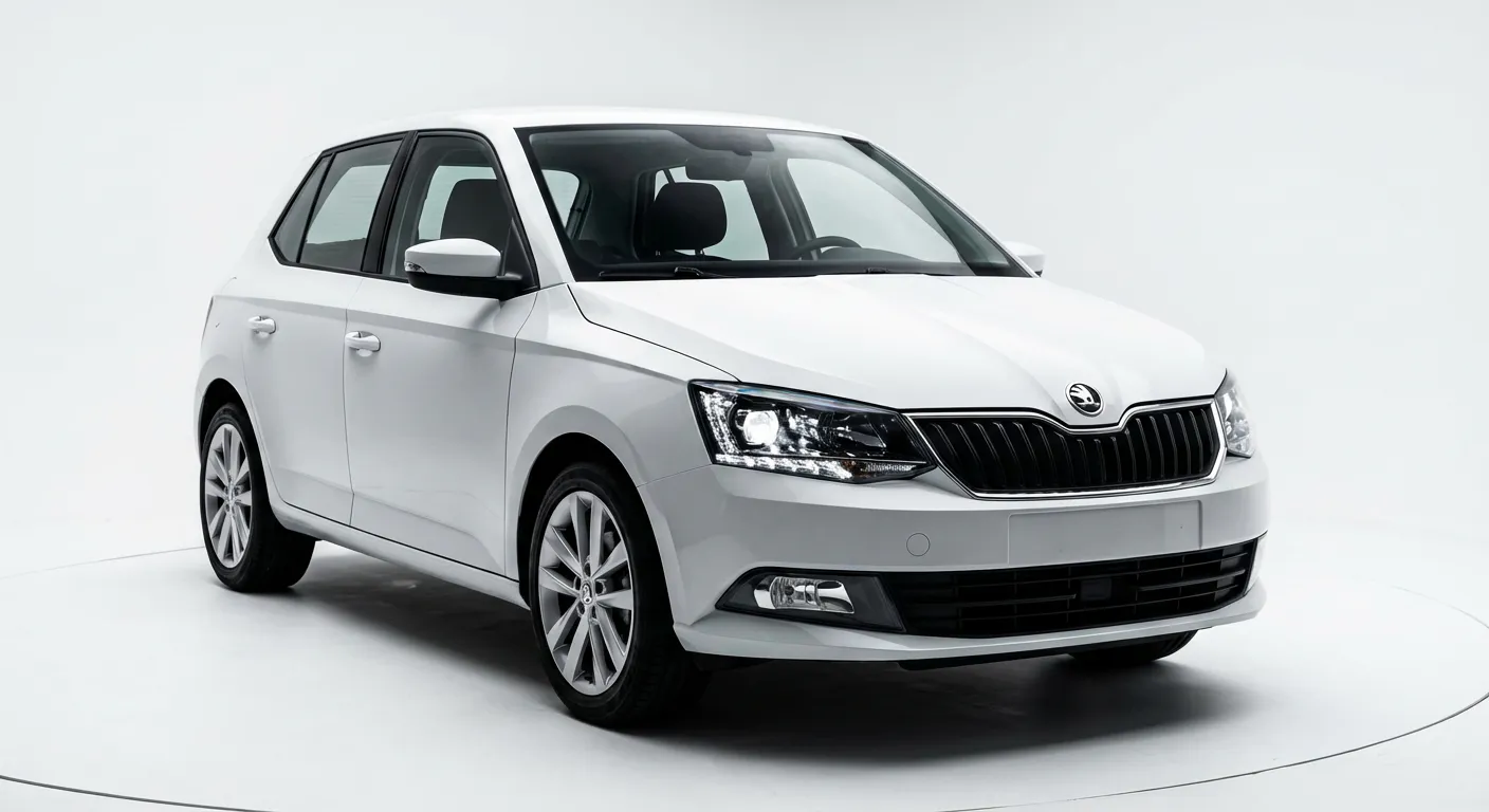 Vue avant iconique d'une Skoda Fabia 3 sur fond blanc minimaliste