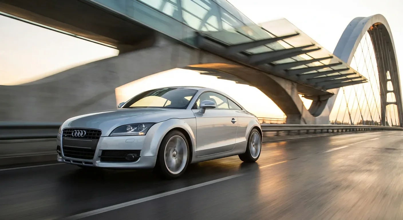 Audi TT Mk2 en mouvement sur un pont d'architecture moderne illustrant le châssis ASF