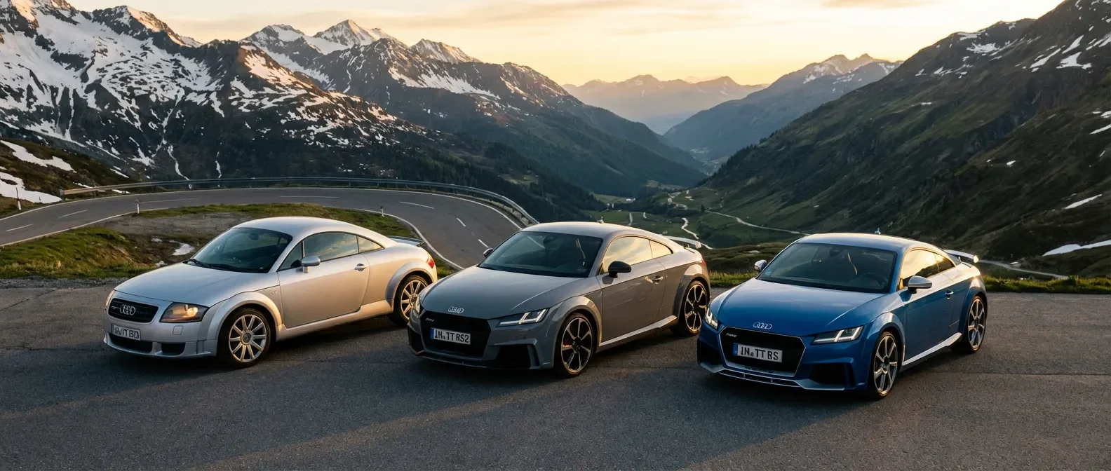 Trois générations d'Audi TT alignées sur une route de montagne sinueuse au coucher du soleil