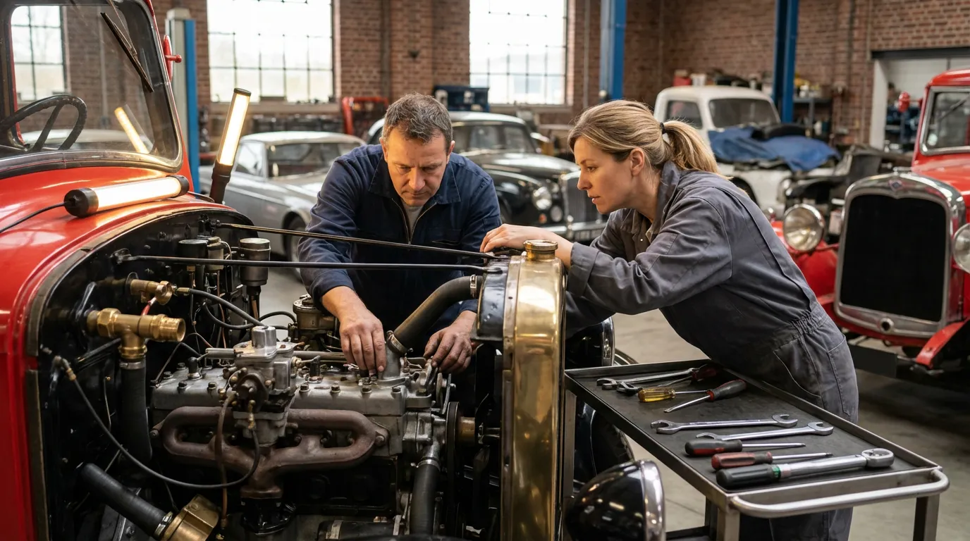 L'entretien passionné d'un moteur de véhicule de pompier de collection Deux mécaniciens experts inspectant méticuleusement le moteur ancien d'un camion de pompier français restauré dans un atelier classique.