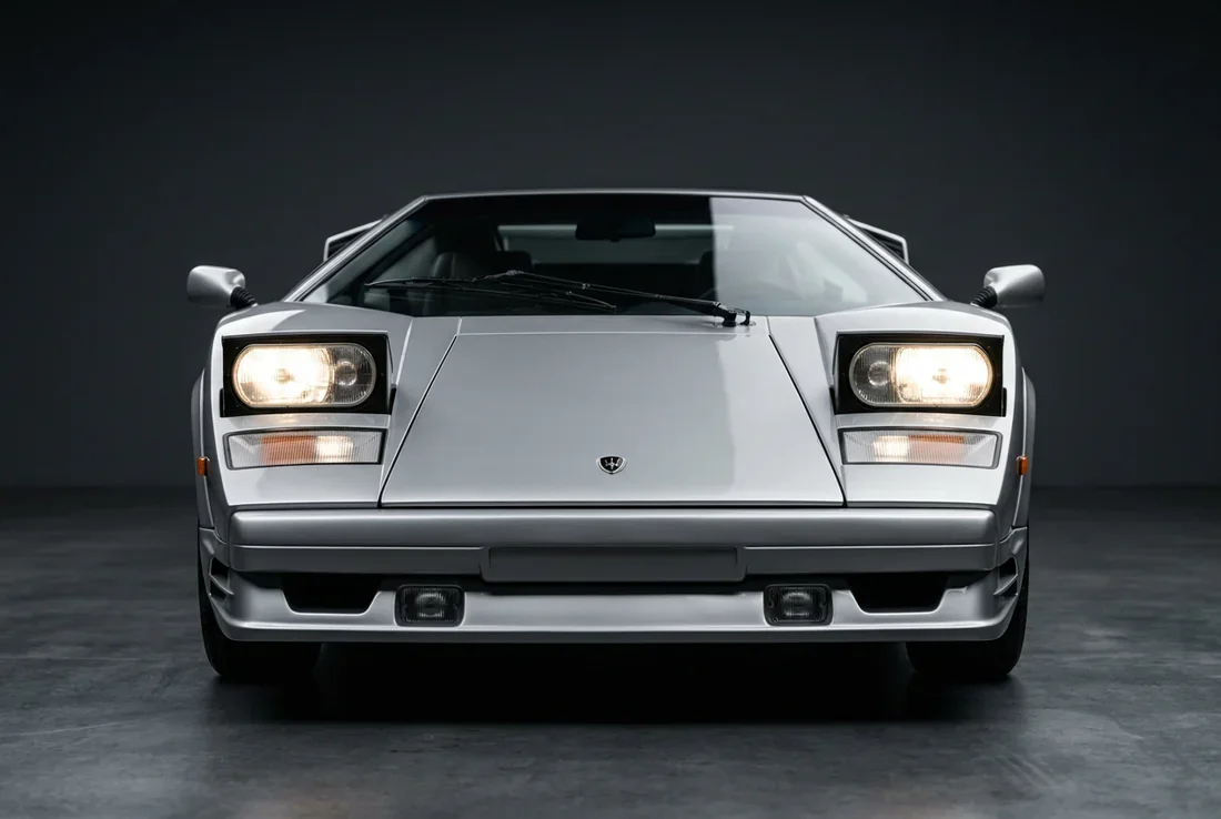 Une voiture de sport classique avec phares escamotables ouverts sous des lumières urbaines