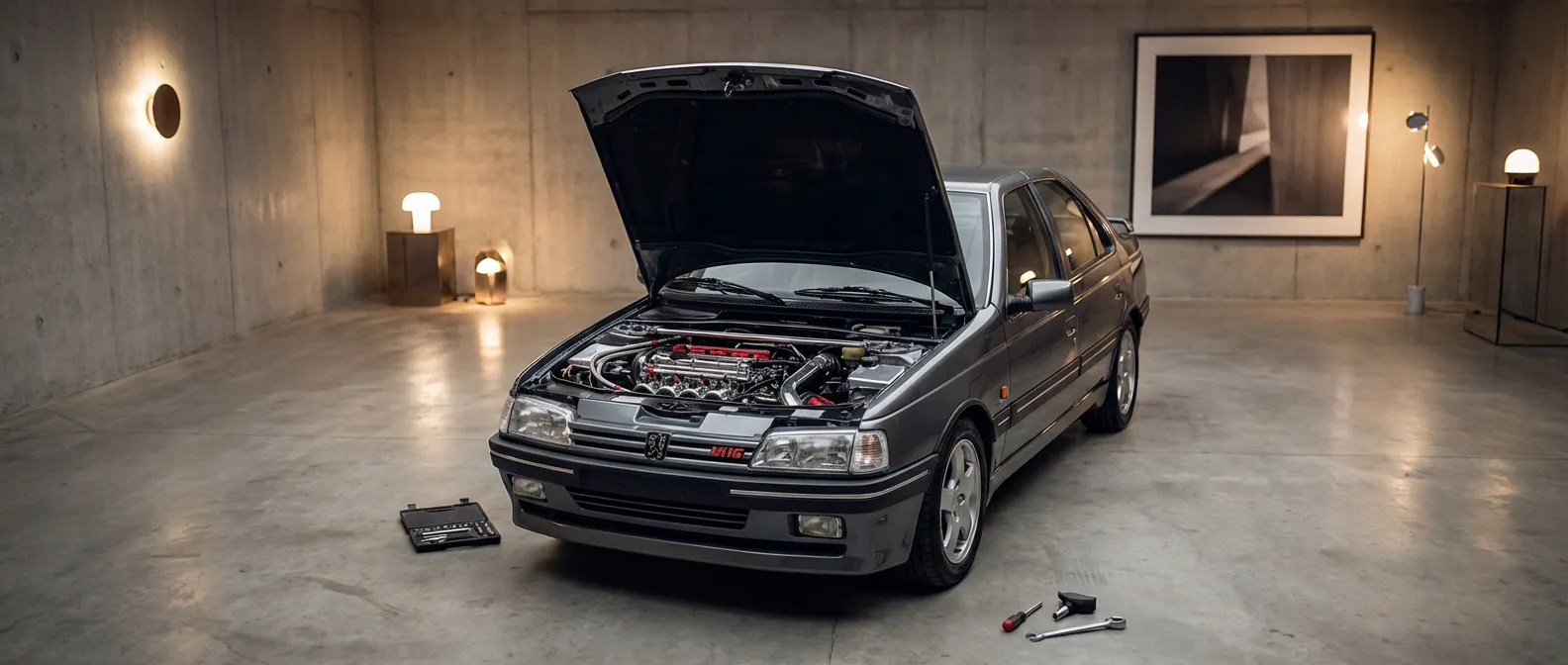 Le moteur mythique PSA XU10J4 sous le capot d'une Peugeot 405 Mi16 de collection.