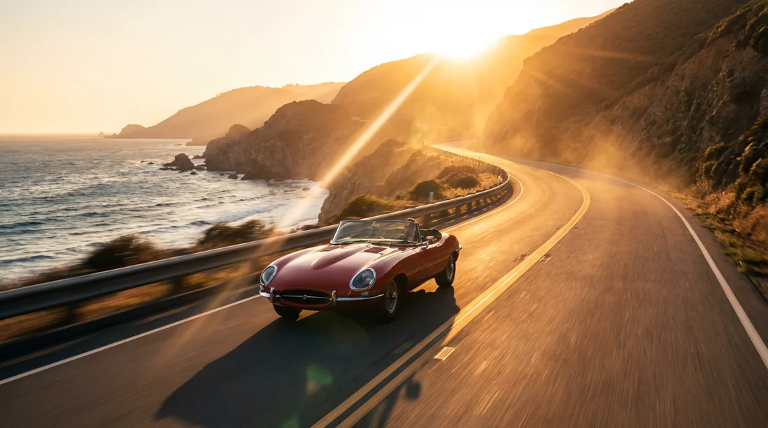 Une voiture de sport rouge classique décapotable sur une route sinueuse au bord de la mer au coucher du soleil, une image évoquant la liberté et la passion de la conduite.
