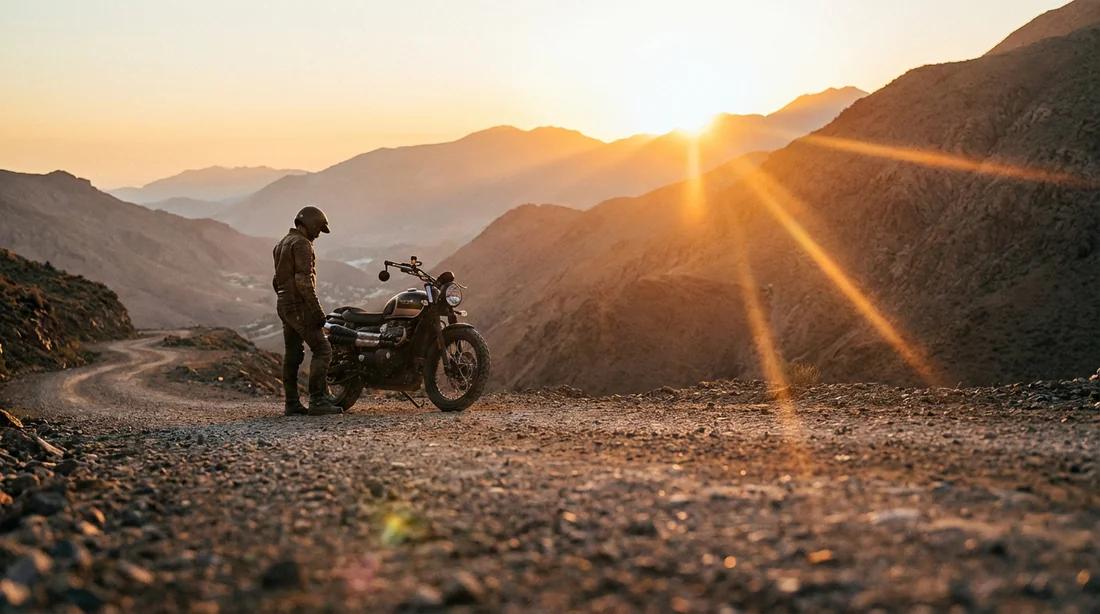 Un motard contemplant un coucher de soleil épique sur une route de montagne sinueuse, à côté de sa moto, symbolisant la passion moto du garage à l'horizon.