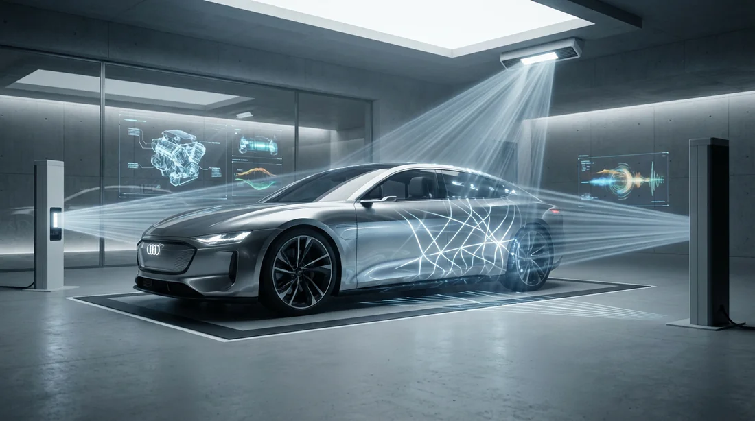 Voiture de luxe moderne dans un garage high-tech subissant un diagnostic électronique avancé avec des faisceaux lumineux et des affichages holographiques.