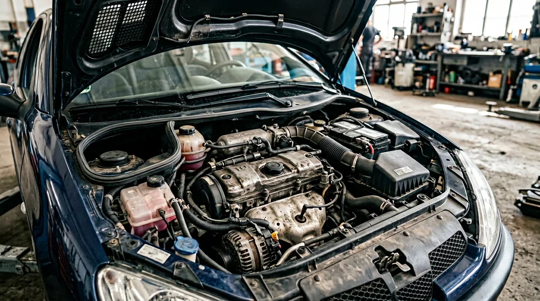 Peugeot 206 garée dans un parking sombre illustrant une panne