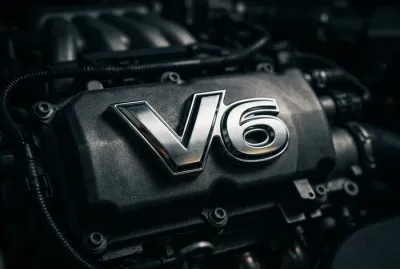 Gros plan iconique sur le logo V6 d'un moteur automobile
