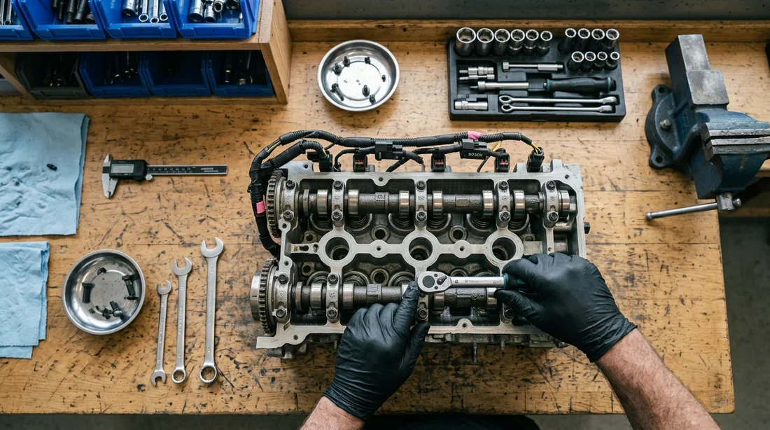 Le bloc moteur 2.5 V6 TDI sous les projecteurs Moteur 2.5 V6 TDI exposé dans un atelier mécanique professionnel