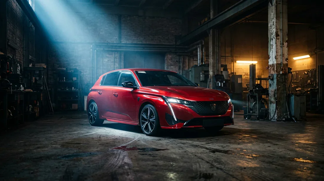Une Peugeot 308 stationnée dans un garage sombre avec un éclairage dramatique