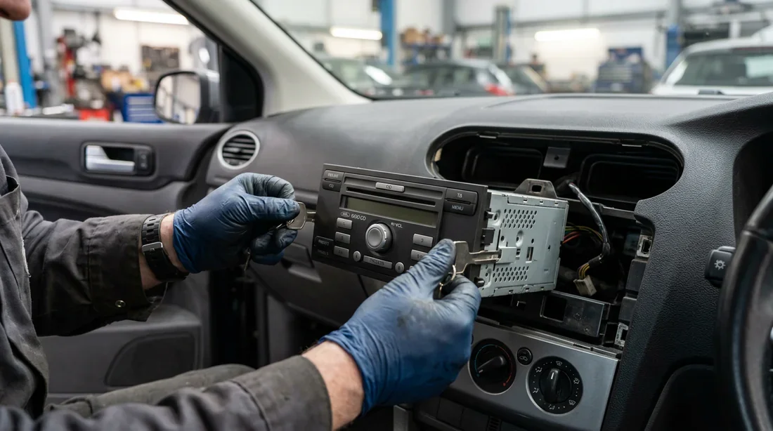 Tableau de bord Ford avec autoradio 6000 CD sous un éclairage cinématique