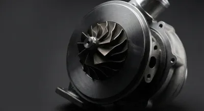 Détail macro iconique d'un turbocompresseur de moteur diesel moderne.