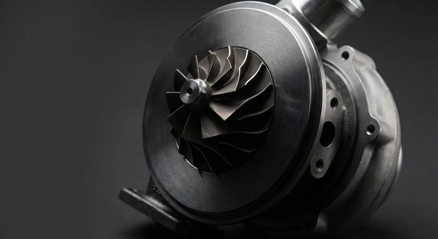Détail macro iconique d'un turbocompresseur de moteur diesel moderne.
