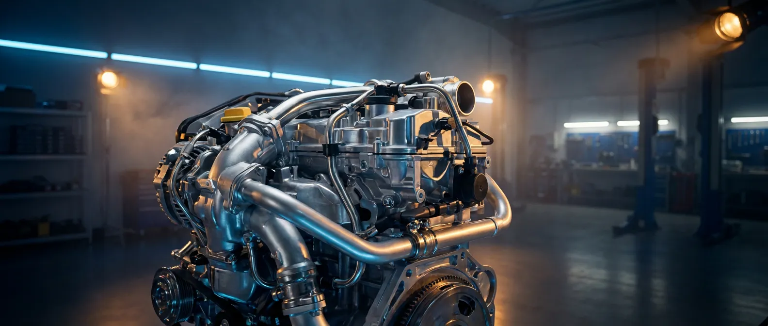 Ingénierie du moteur 1.6 dCi 130 Vue d'ensemble artistique et technique du moteur 1.6 dCi 130 sous un éclairage studio cinématique.