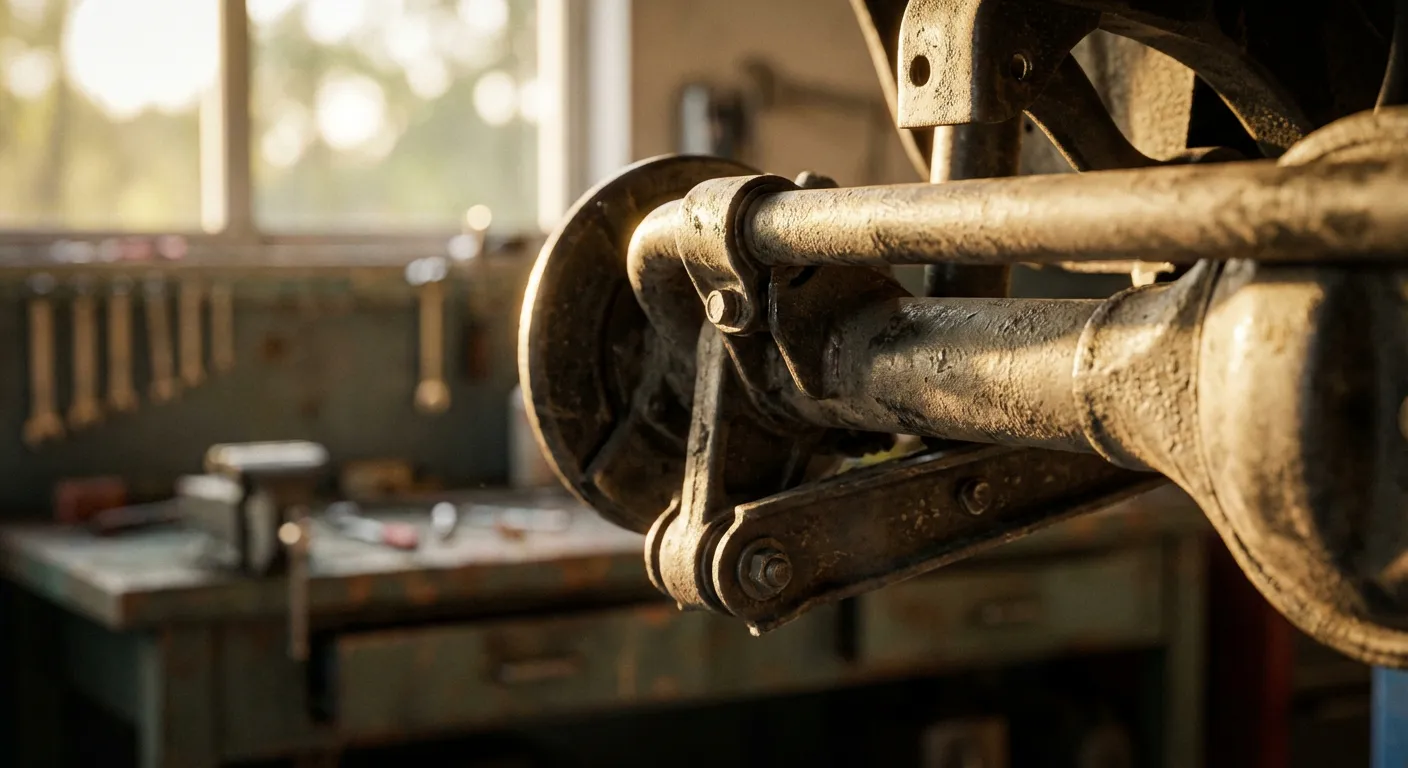 Détail macro du fonctionnement mécanique d'une barre de torsion sous un véhicule