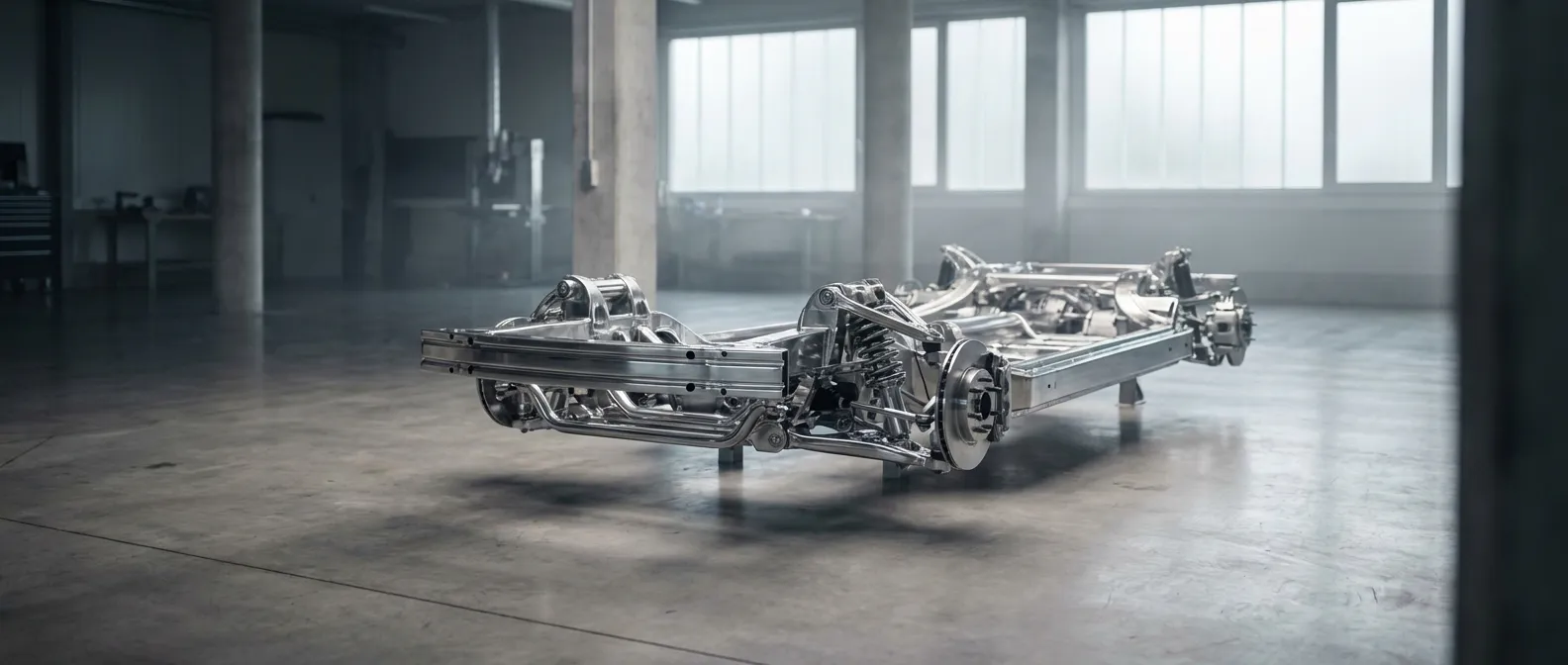 Vue cinématographique du châssis d'une voiture soulignant la barre de torsion et la suspension