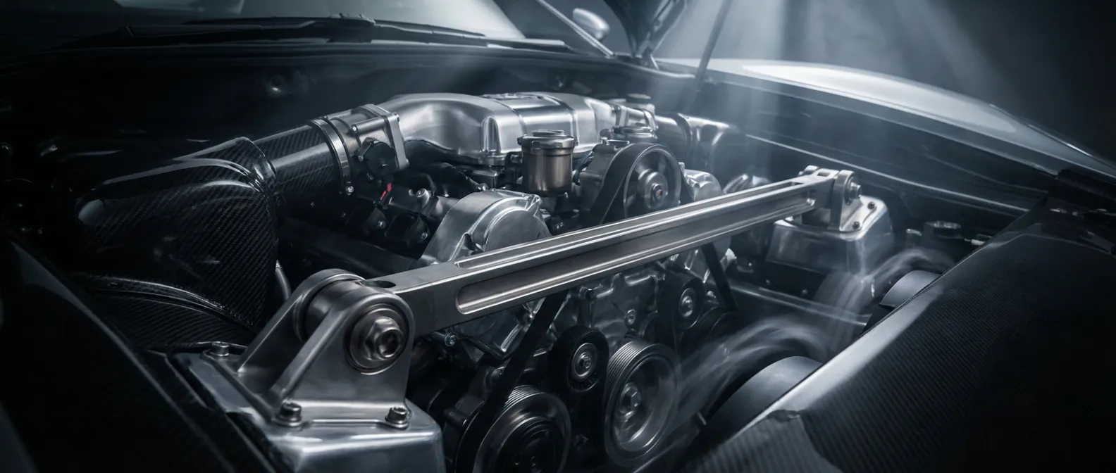 Vue cinématographique d'un moteur de voiture de performance, mettant en avant la biellette de reprise de couple et la mécanique de précision.