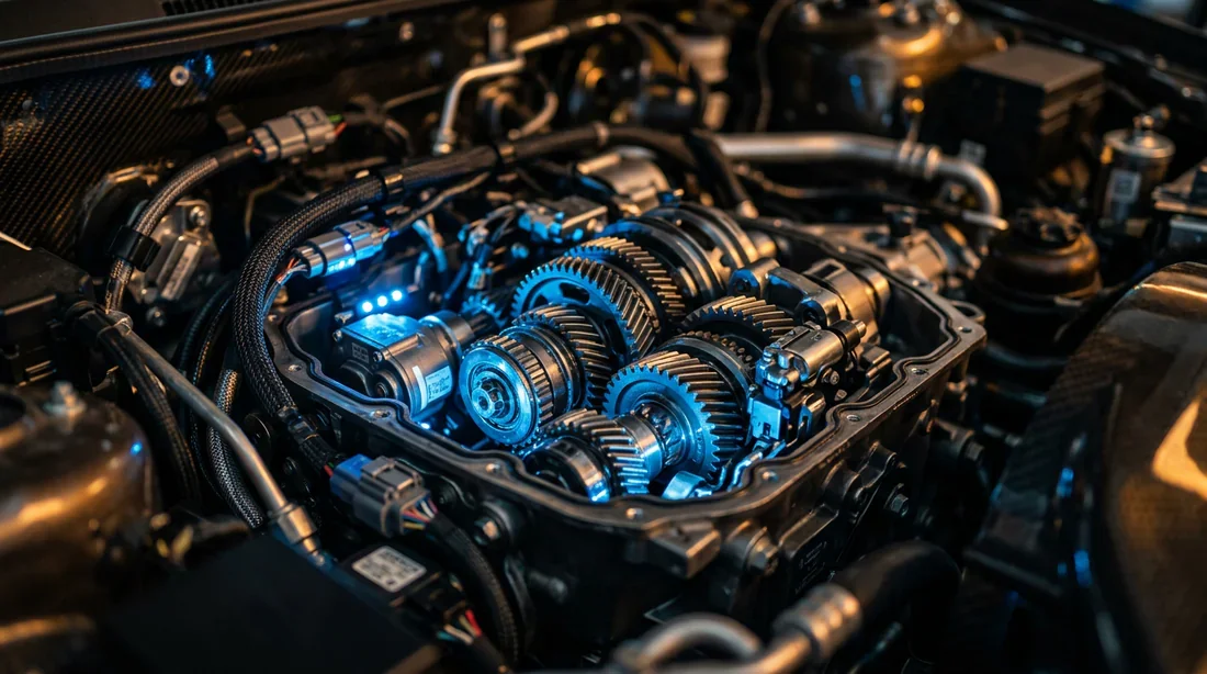 Vue panoramique d'une Citroën C4 dans un environnement urbain moderne et élégant au crépuscule