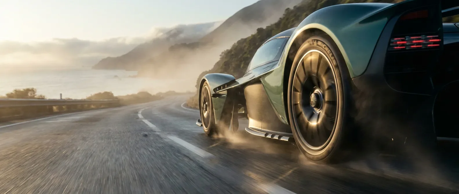 Voiture circulant sur une route côtière au lever du soleil mettant en avant la qualité des pneus