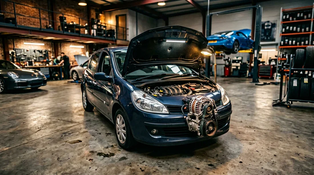 Changement alternateur Clio 3 : Vue d'ensemble du moteur Vue professionnelle d'un moteur de Renault Clio 3 dans un atelier mécanique