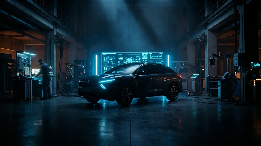 Vue cinématographique d'une Citroën en atelier high-tech pour diagnostic
