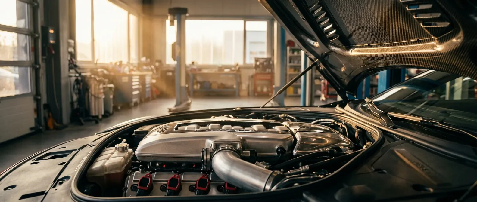 Vue cinématique d'un moteur de voiture Peugeot ouvert dans un atelier professionnel