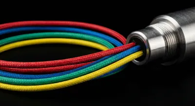 Gros plan minimaliste sur les quatre fils colorés d'une sonde lambda.