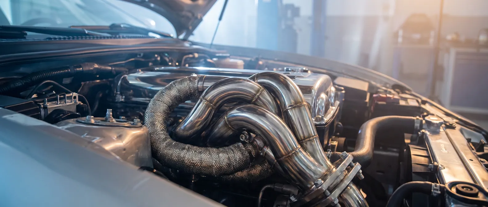 Vue cinématographique du compartiment moteur d'une voiture moderne mettant en évidence le système d'échappement.