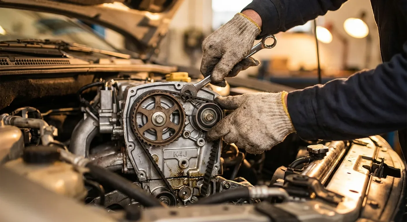 Détail de l'entretien technique du moteur K4J mettant en avant la courroie de distribution.