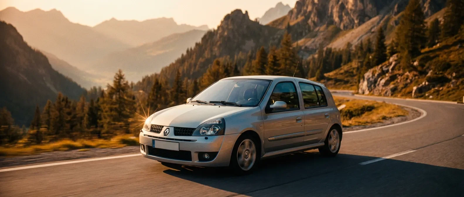 Une Renault Clio 2 grise circulant sur une route de montagne au coucher du soleil, illustrant la dynamique du moteur 1.4 16v.