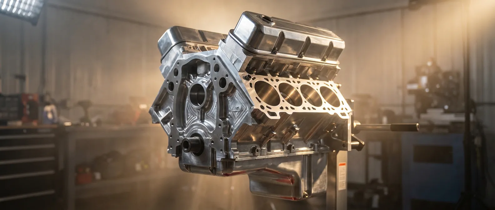Vue cinématique en contre-plongée d'un bloc moteur de haute performance mettant en évidence les cylindres