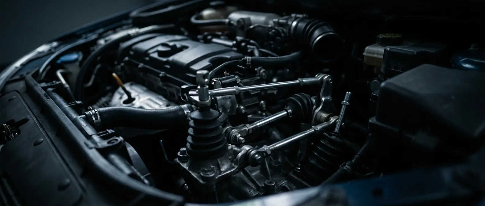 Vue cinématique du compartiment moteur d'une Peugeot 206 mettant en avant la tringlerie de boîte de vitesse