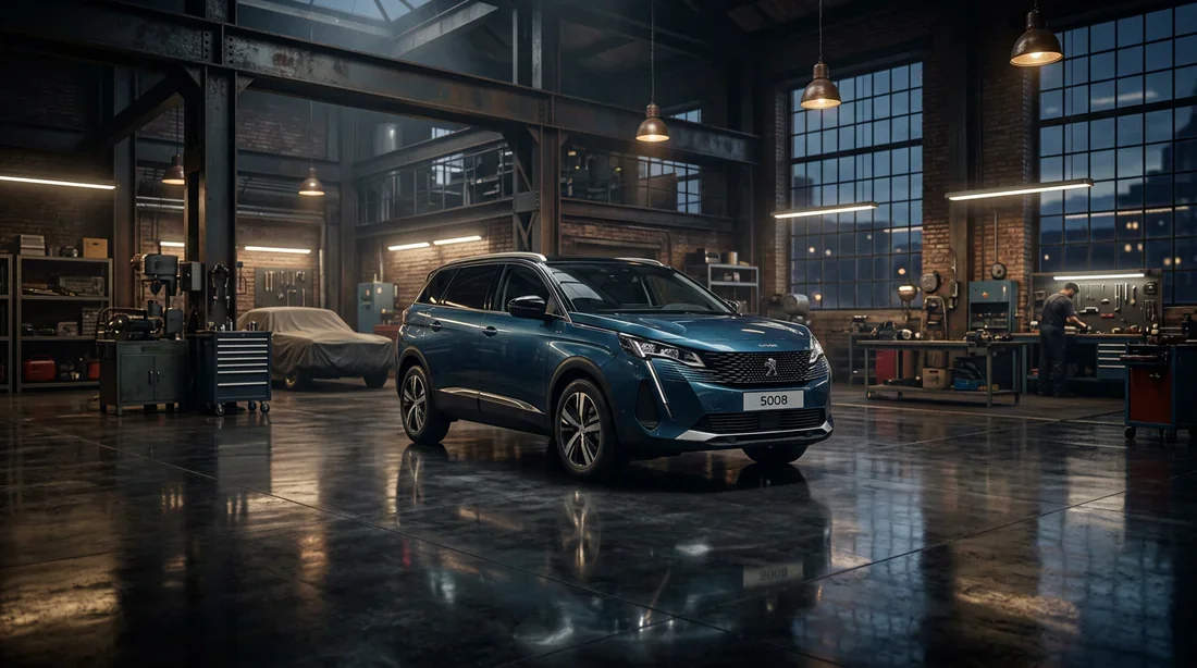 Bannière : Peugeot 5008 en atelier Vue cinématographique d'une Peugeot 5008 dans un atelier moderne